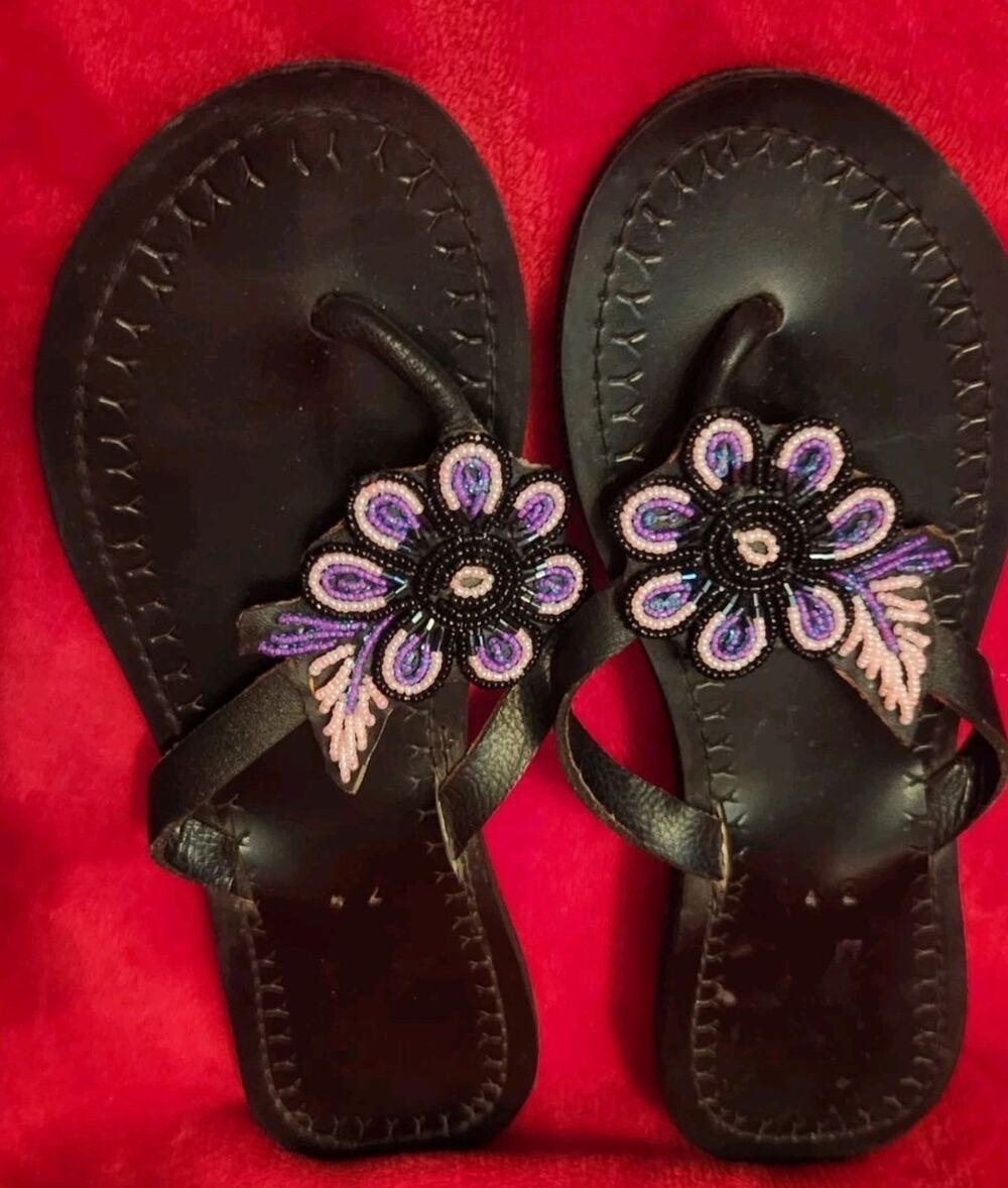 Traditional Maasai Beaded Purple Women’s Sandals US 8.5 – Handmade in Kenya